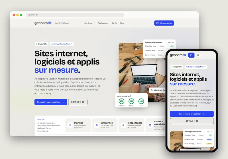 Page d'accueil du site gennaro-it.fr sur ordinateur et mobile